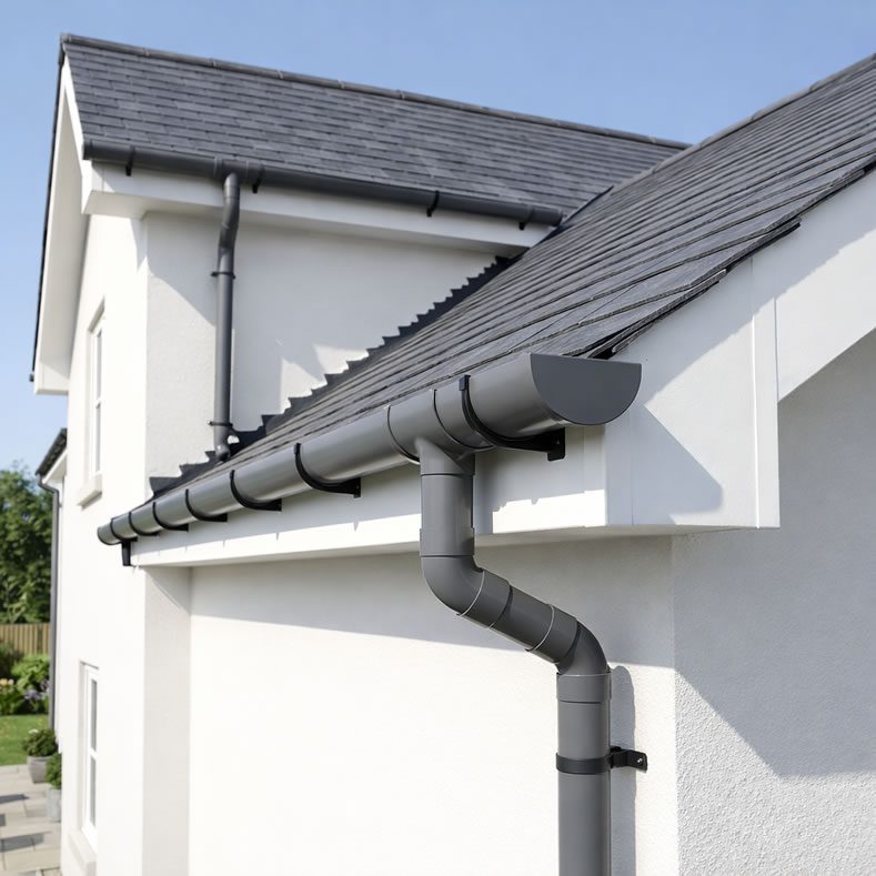 gray upvc guttering replaced on white house facade
